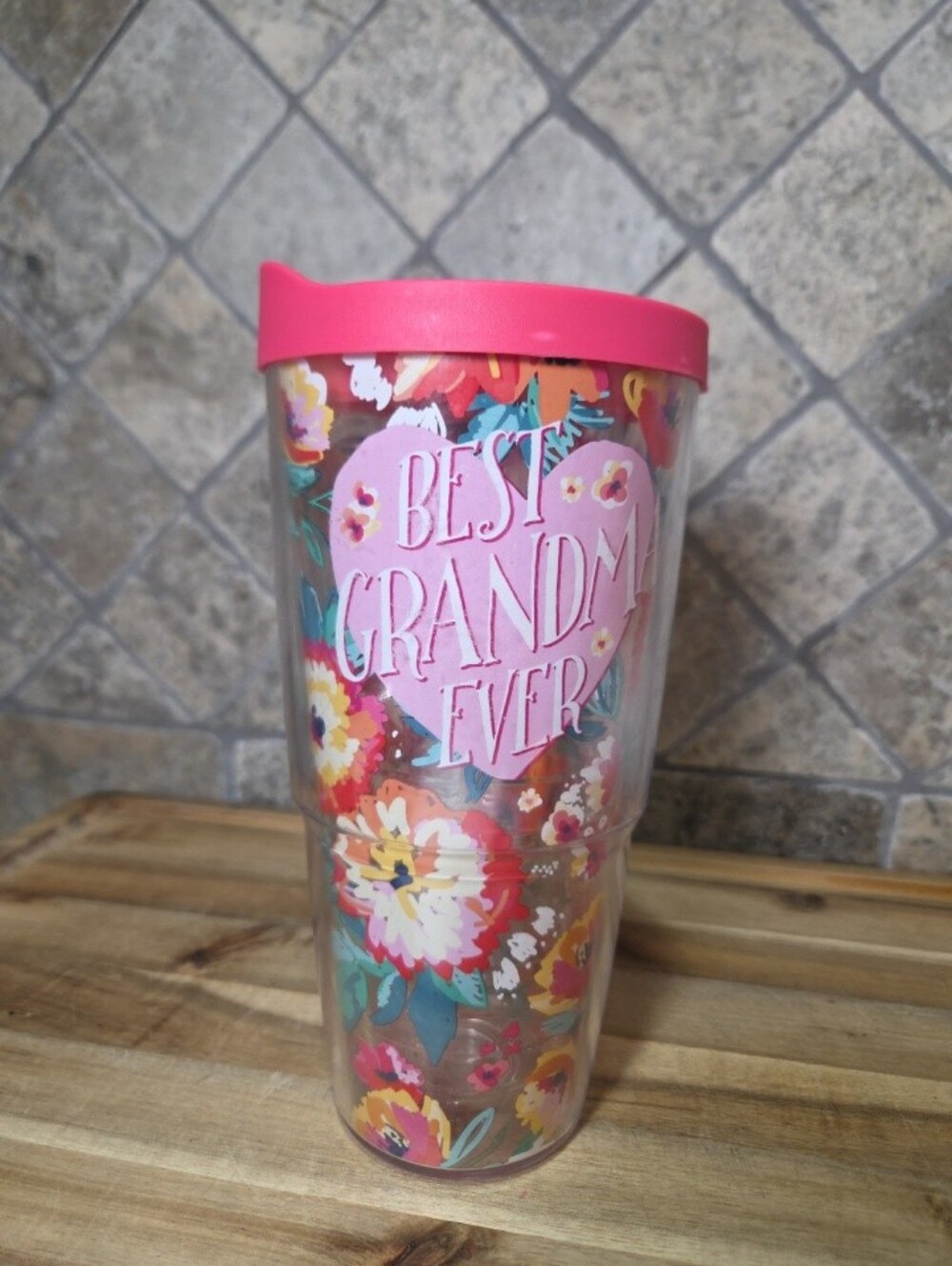 Best Grandma Ever Floral Travel Tumbler - Pink